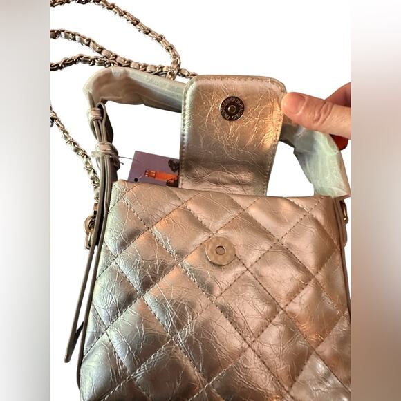 No Rest for Bridget Crushed Silver Padded Textured Clutch with Woven Chain Strap - Picture 2 of 8